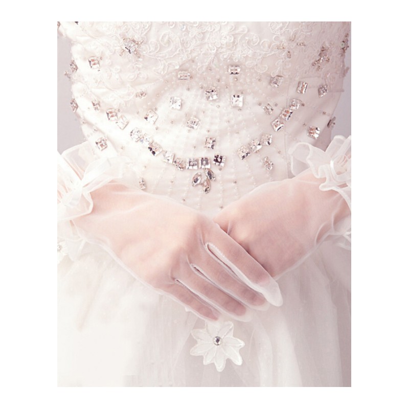 结婚新款婚纱春夏甜美新娘手套 婚礼短款白色蕾丝结婚花朵手套 白色