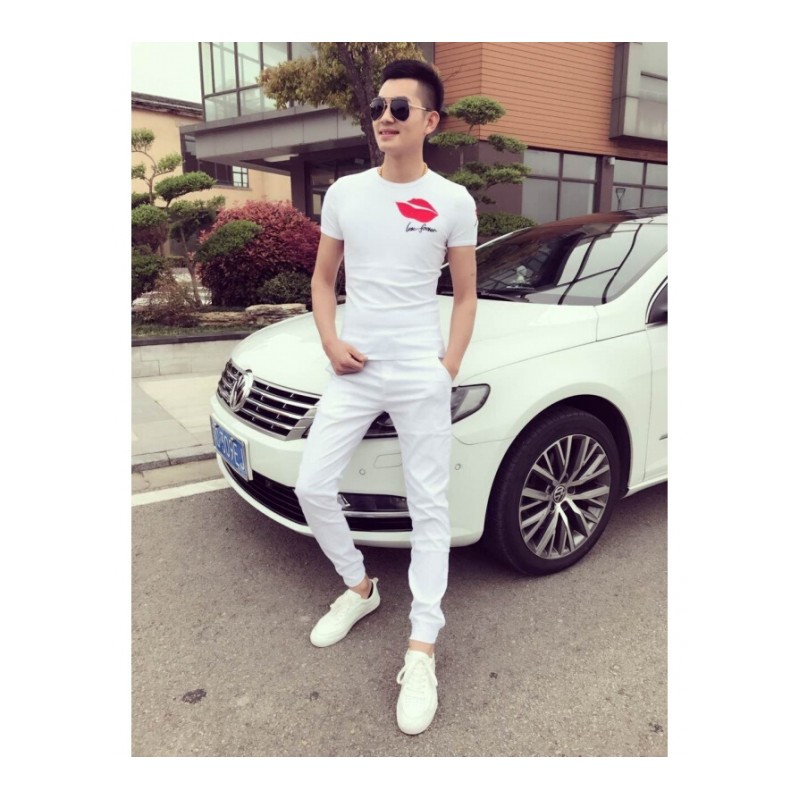 同款2018夏季情侣T恤套装运动圆领T恤套装修身韩版潮彩虹黑色套装S女款80到95斤