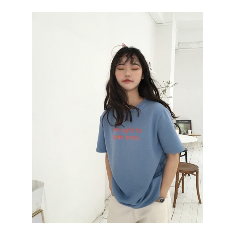 2018春夏新款字母印花短袖T恤韩版简约宽松休闲上衣女潮蓝色均码