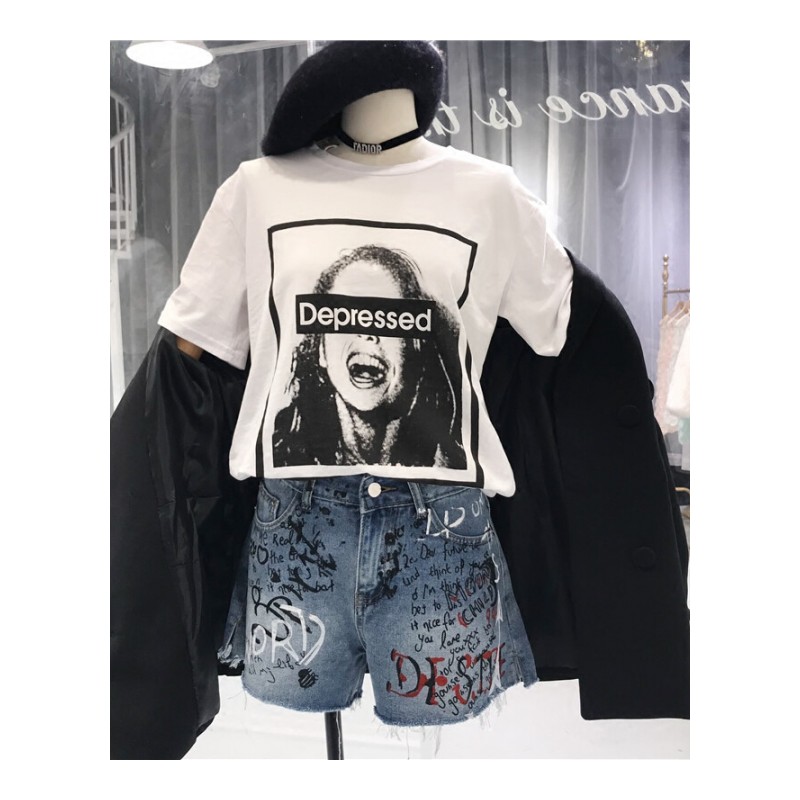 韩版字母印花体恤上衣女2018春夏季新款圆领短袖修身学生T恤 白色 均码