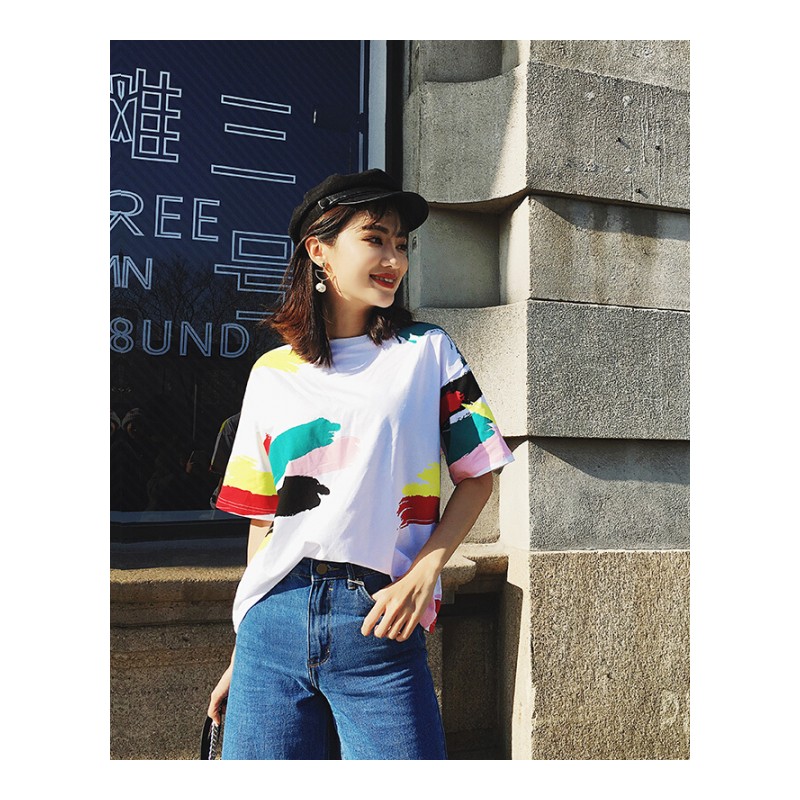2018夏装新款印花短袖T恤衫女韩版学生宽松大码圆领上衣白色