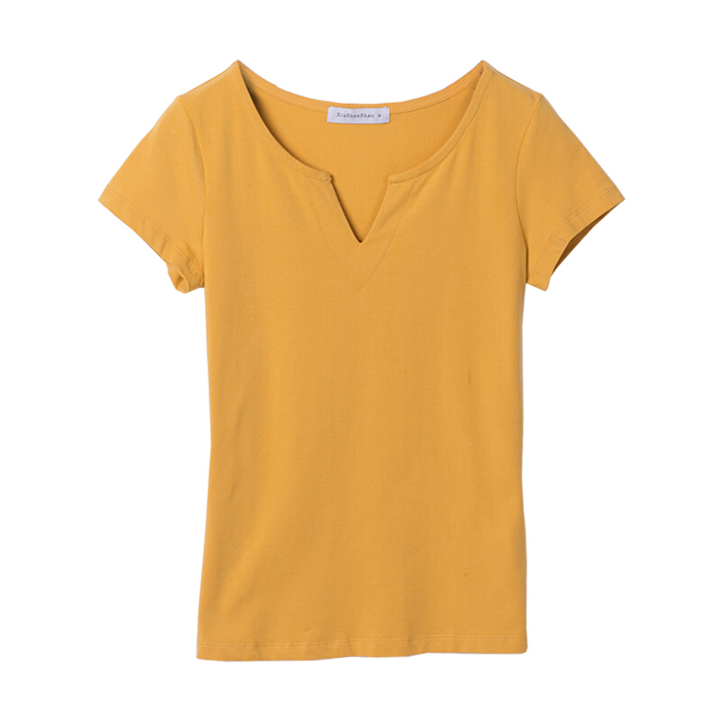 夏装短袖女2018新款黑色T恤v领打底衫半袖纯色修身上衣