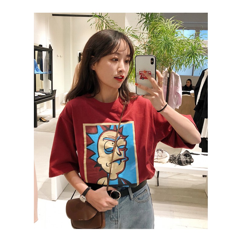 短袖T恤女装2018春夏装新款韩版学生红色宽松半袖上衣酒红色