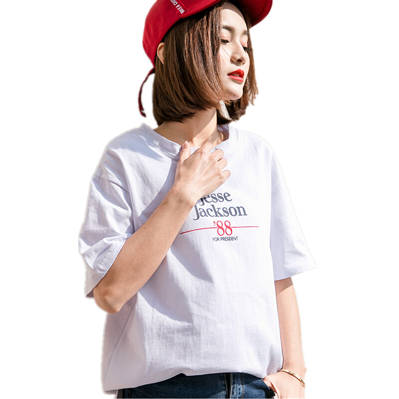 2018春夏季韩版短袖新款宽松圆领上衣白色学生T恤女简约