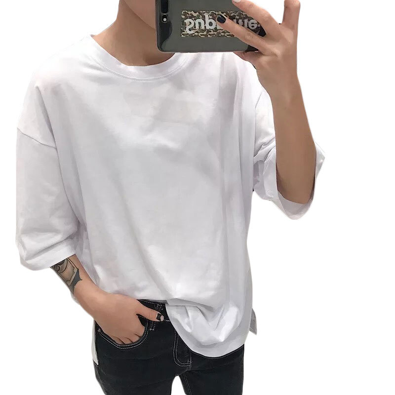 2018夏季半截袖白色五分短袖T恤男士圆领男装