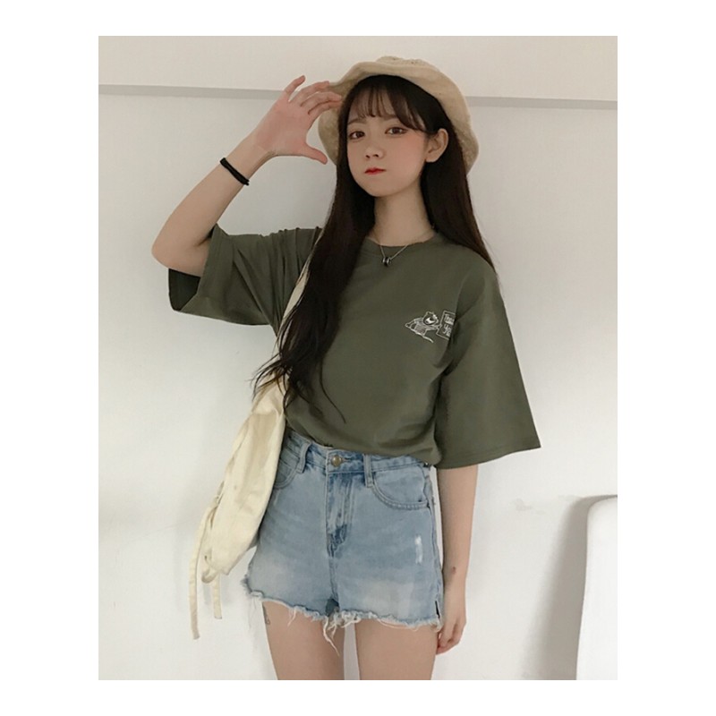 2018春夏韩版新款bf宽松卡通印花短袖套头圆领T恤女上衣杏色均码