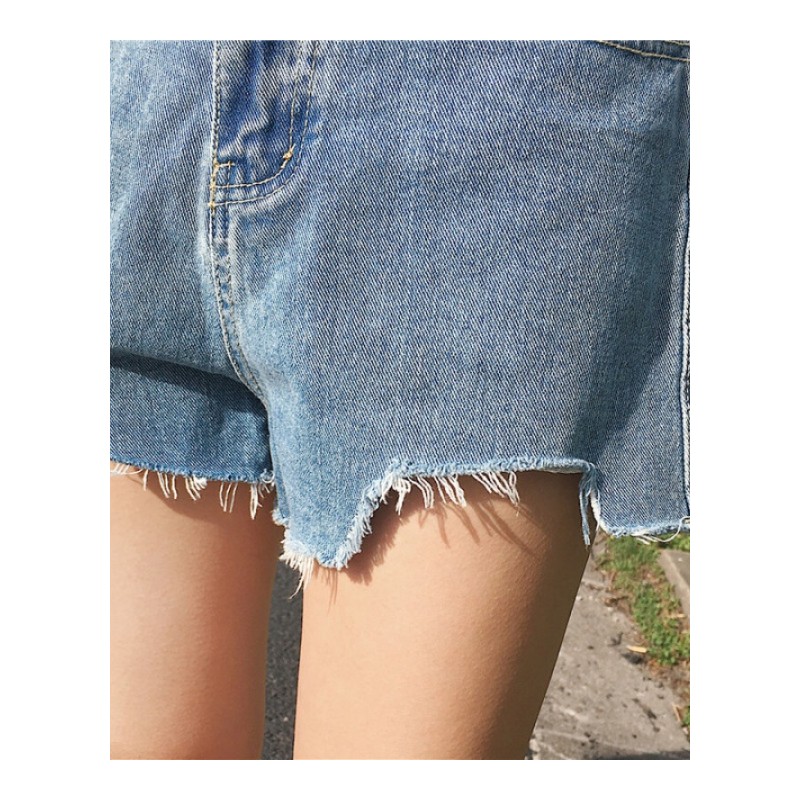春夏女装韩版浅色个性高腰毛边不规则牛仔裤阔腿裤直筒裤短裤蓝色