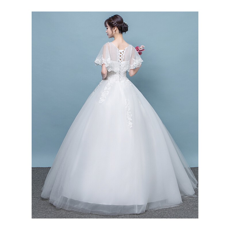 婚纱礼服2018春秋季新款一字肩韩版公主蕾丝新娘结婚显瘦齐地婚纱白色