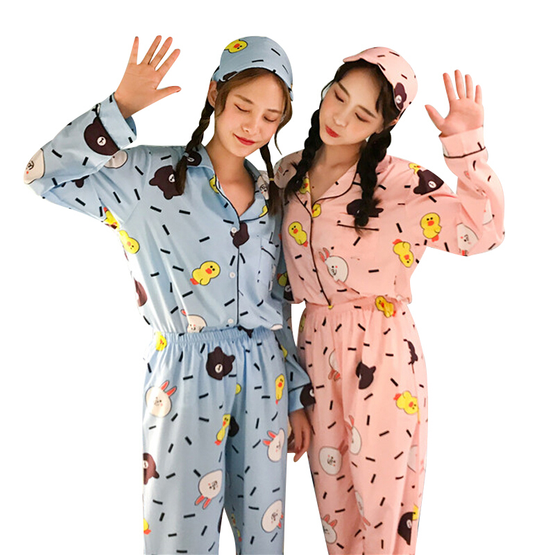 韩版春秋时尚小清新可爱卡通长袖睡衣套装学生休闲家居服两件套女