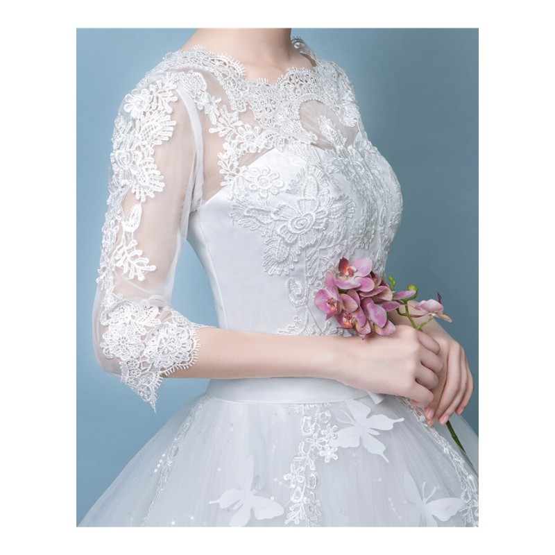 轻森系婚纱礼服2018新款韩式孕妇婚纱包肩短袖蕾丝齐地显瘦春季新
