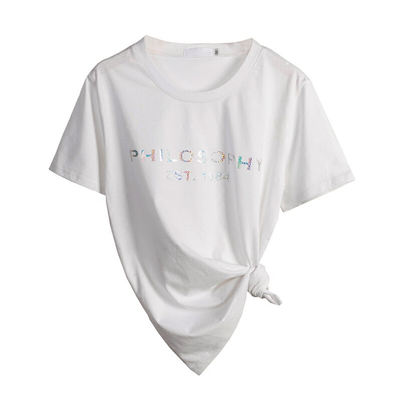 韩国2018春夏季字母印花烫金T恤女短袖韩版宽松白色简约体恤白色