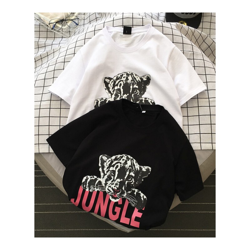 粉字母老虎印花夏装新款韩版休闲宽松学生半袖情侣短袖T恤女潮