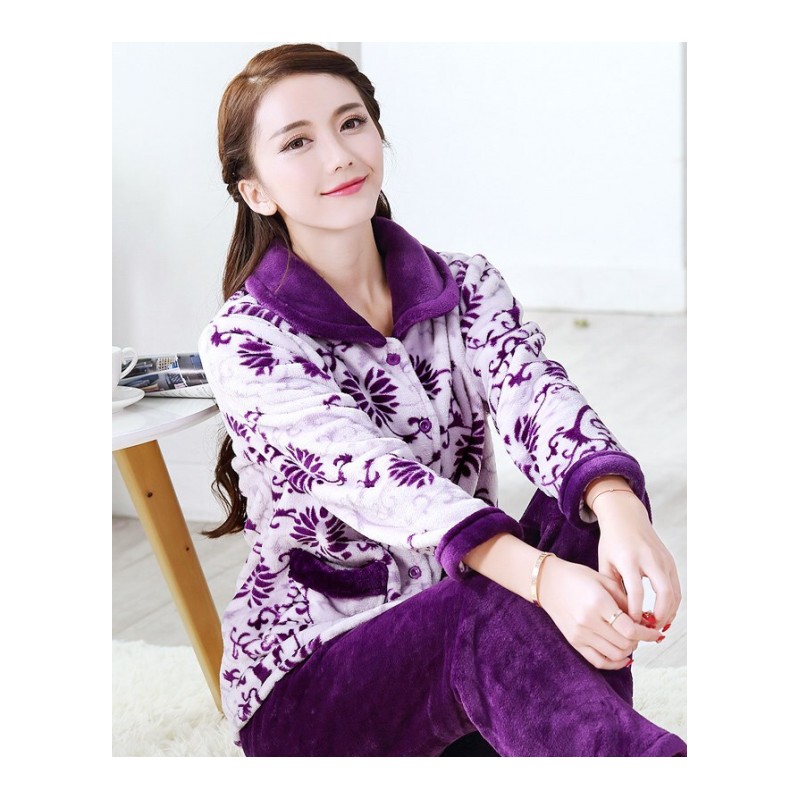 胖子法兰绒妈妈睡衣女秋冬加厚中青年保暖珊瑚绒加肥加大码家居服