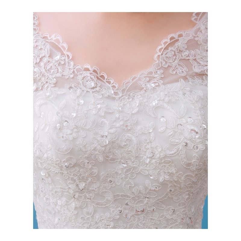 韩式2018新款夏季齐地蕾丝婚纱礼服新娘结婚一字肩中袖大码拖尾女