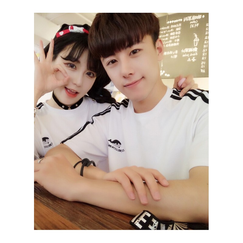 qlz情侣装夏装2018新款刺绣情侣短袖T恤男宽松半袖学生班服百搭潮