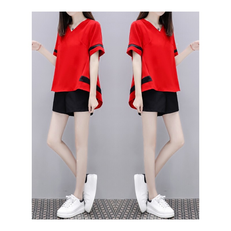 2018夏季新款女装宽松雪纺时尚上衣显瘦阔腿短裤子休闲两件套装女黑红套装