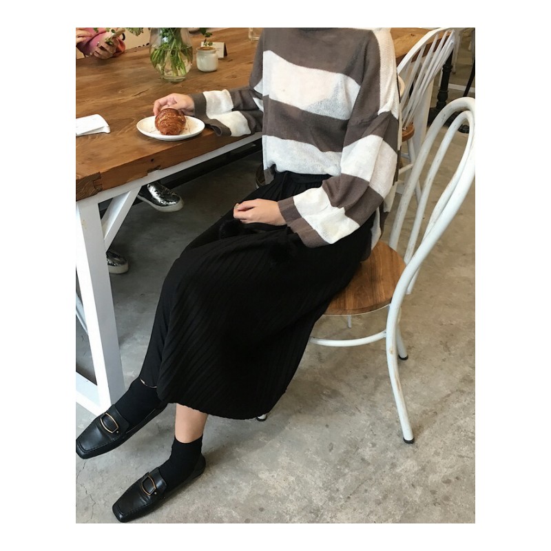 春装女装韩版高腰显瘦中长款气质百搭系带毛绒球百褶半身裙咖啡色均码