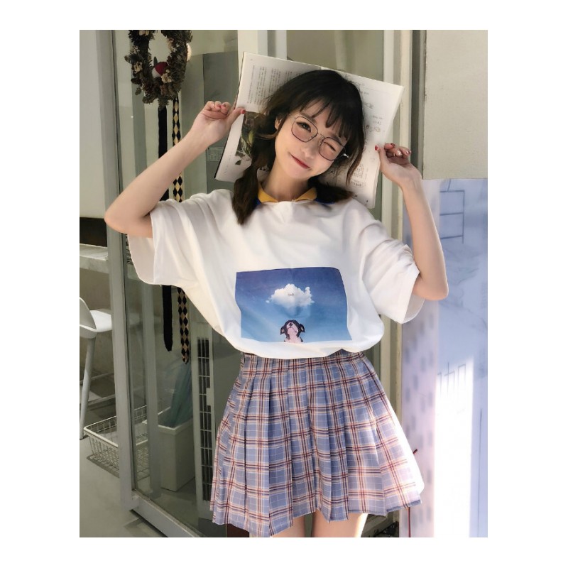 夏装女装韩版宽松百搭卡通印花情侣款polo领短袖T恤上衣学生白色均码