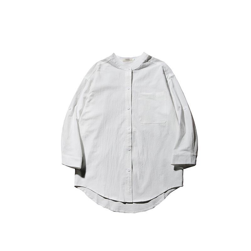 夏装日系小清新复古棉麻料立领七分袖衬衫男式气质衬衣