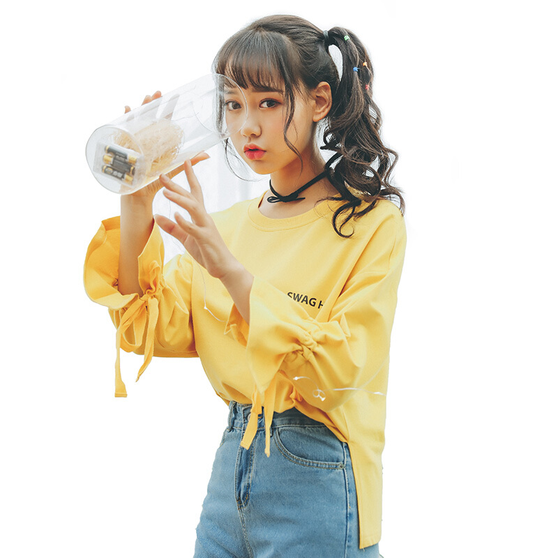 2018新款七分袖荷叶袖T恤女夏 韩版宽松学生小清新中长袖上衣 黄色 均码