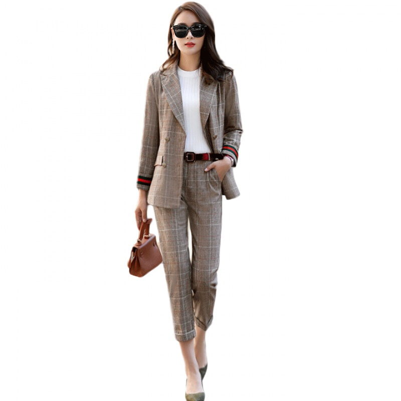 2018春装新款女装格子时髦套装韩版九分裤时尚西装外套两件套潮