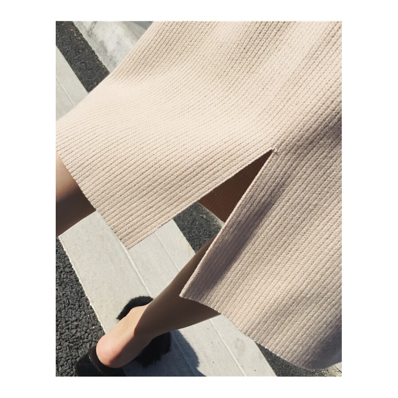 春季新款韩版加厚毛呢高腰修身显瘦开叉半身裙中长裙女配腰带杏色均码(160/84A)