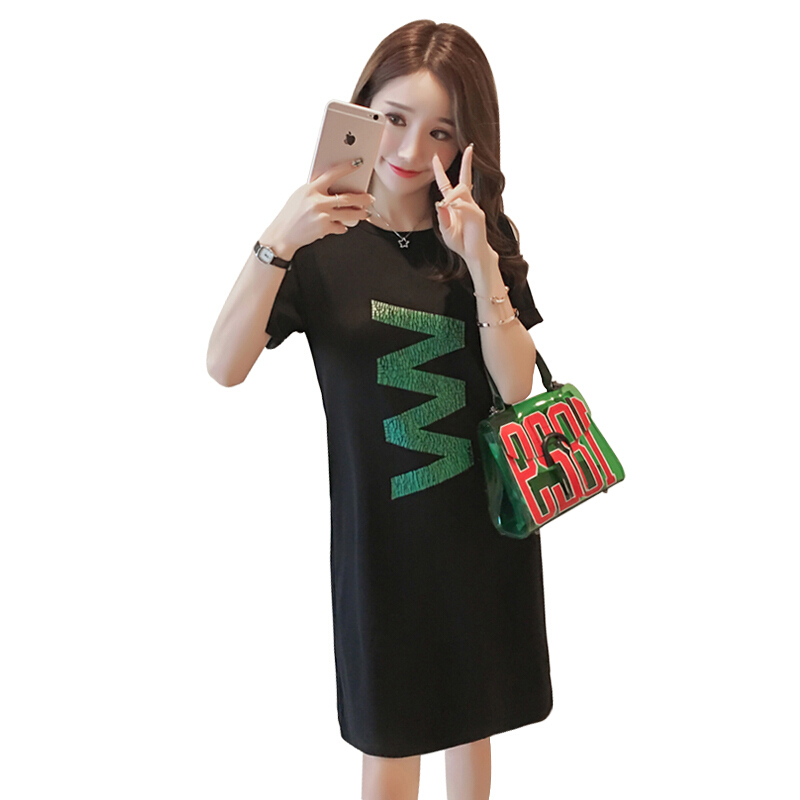 2018夏装韩版新款女短袖T恤衫中长款大码字母上衣打底衫春潮