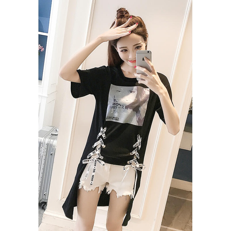 2018夏季韩版女装新款宽松中长款印花绑带T恤女短袖不规则潮上衣