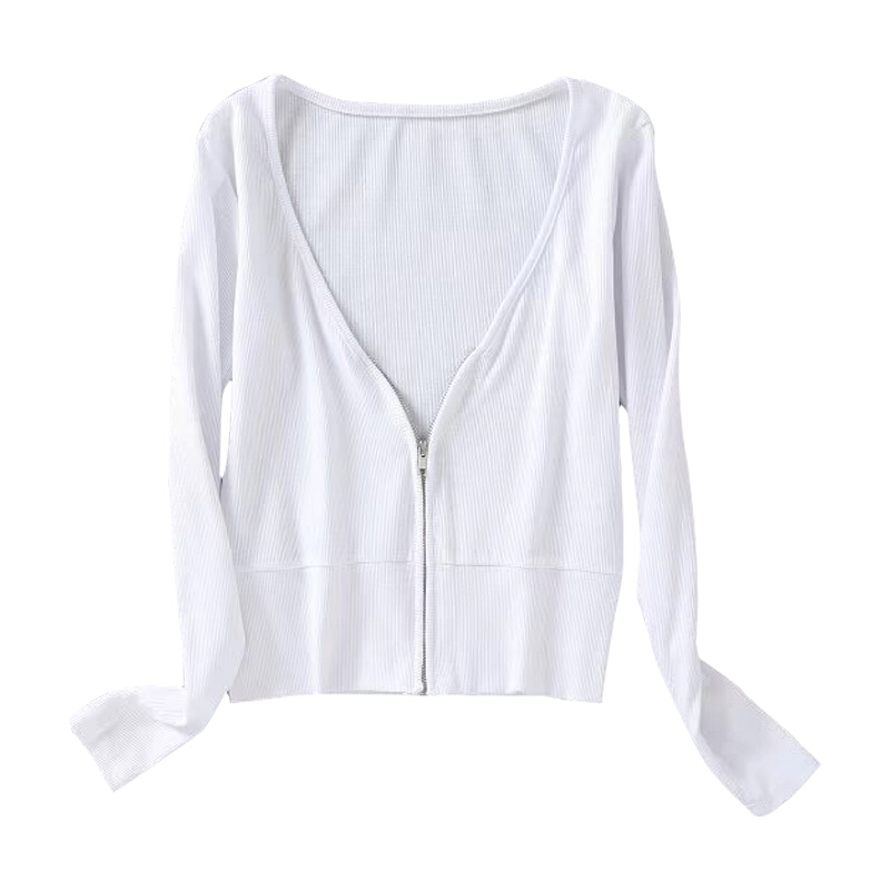 欧美春季V领拉链修身性感短款露腰打底衫女长袖T恤紧身露脐上衣