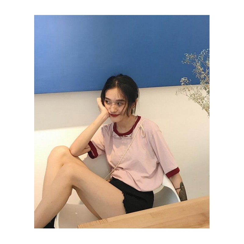 2018韩版夏季新款拼色短袖T恤宽松圆领打底上衣学生女潮白+撞黑均码