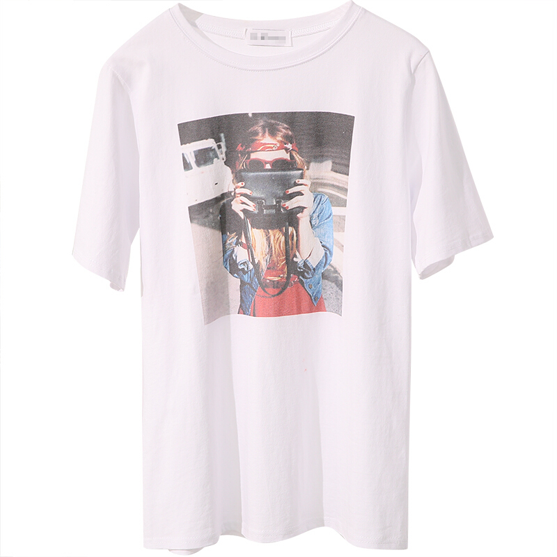 2018春夏新款韩版简约圆领印花宽松短袖T恤女中长款打底衫潮包包女孩均码