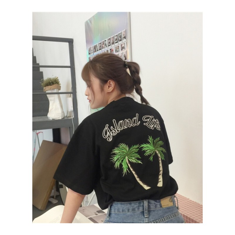 夏季2018新款椰树刺绣简约短袖T恤韩版宽松上衣学生女潮白色均码
