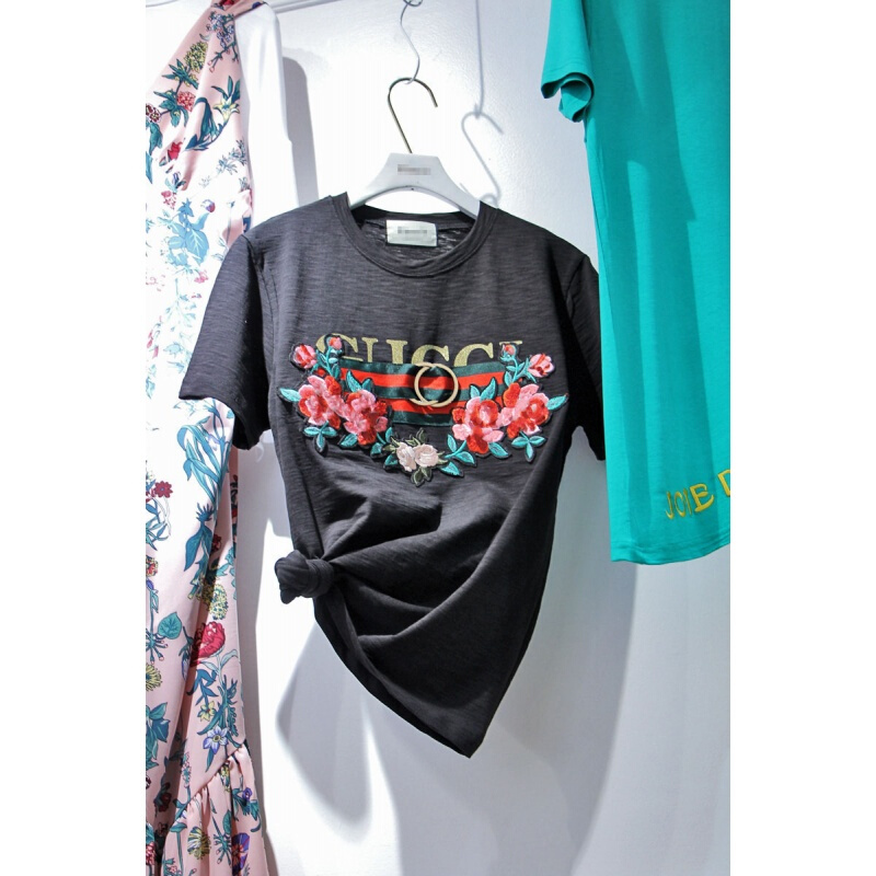 2018夏装韩版宽松字母印花刺绣竹节棉T恤女短袖黑色体恤衫上衣黑色