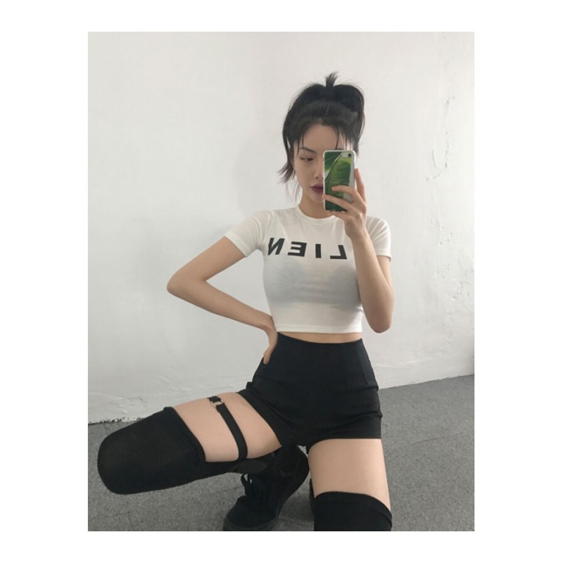 夏韩版chic紧身包臀高腰超短裤女不规则前短后长热裤圆环a字裤子黑色