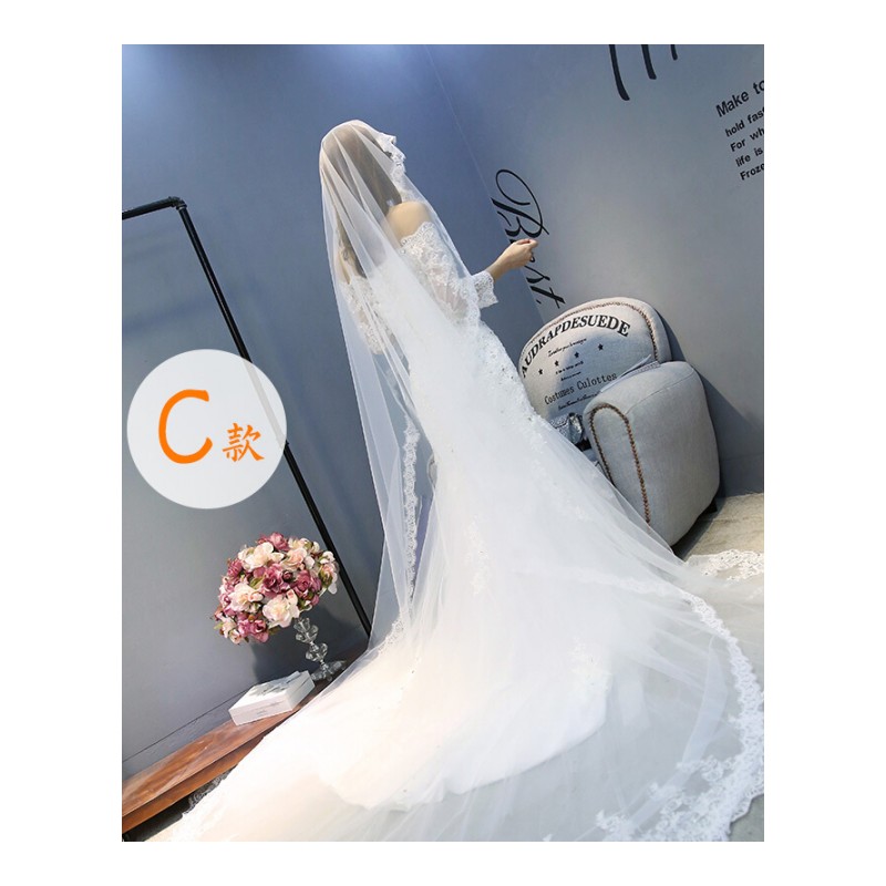 新娘头纱2018新款头纱婚纱新款韩式结婚拖尾公主婚礼蕾丝A款1.5米长175cm以上