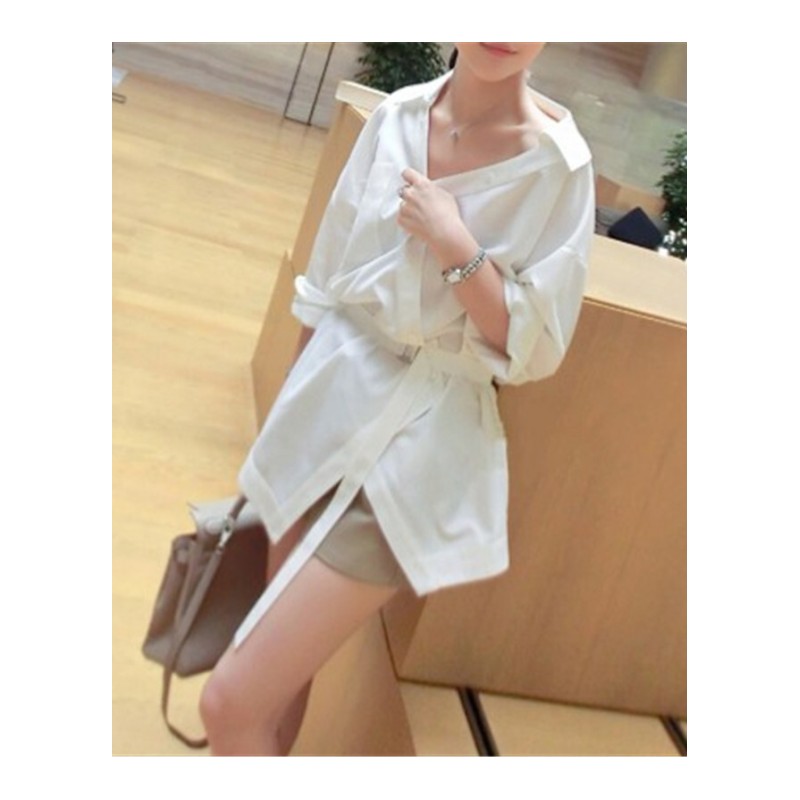 中长款v领衬衣春露肩心机白色腰封斜肩不规则衬衫裙女长袖上衣潮白色