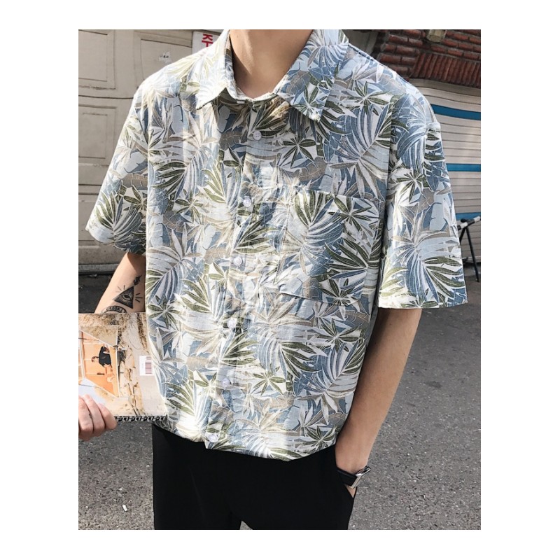 夏季男士植物花短袖衬衫韩版宽松原宿风青年中袖衬衣潮牌
