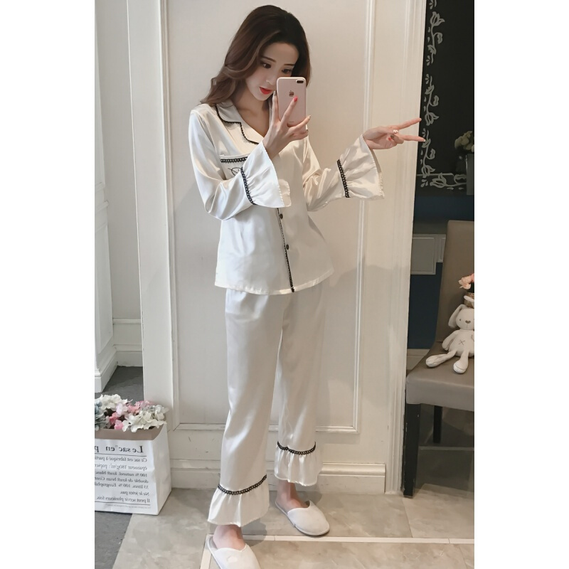 春秋季睡衣女夏韩版薄款喇叭袖甜美可爱家居服两件套装