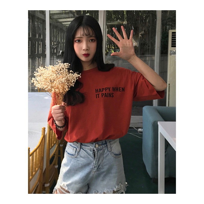 2018春夏韩版新款字母印花割破圆领套头上衣短袖T恤女打底衫白色均码