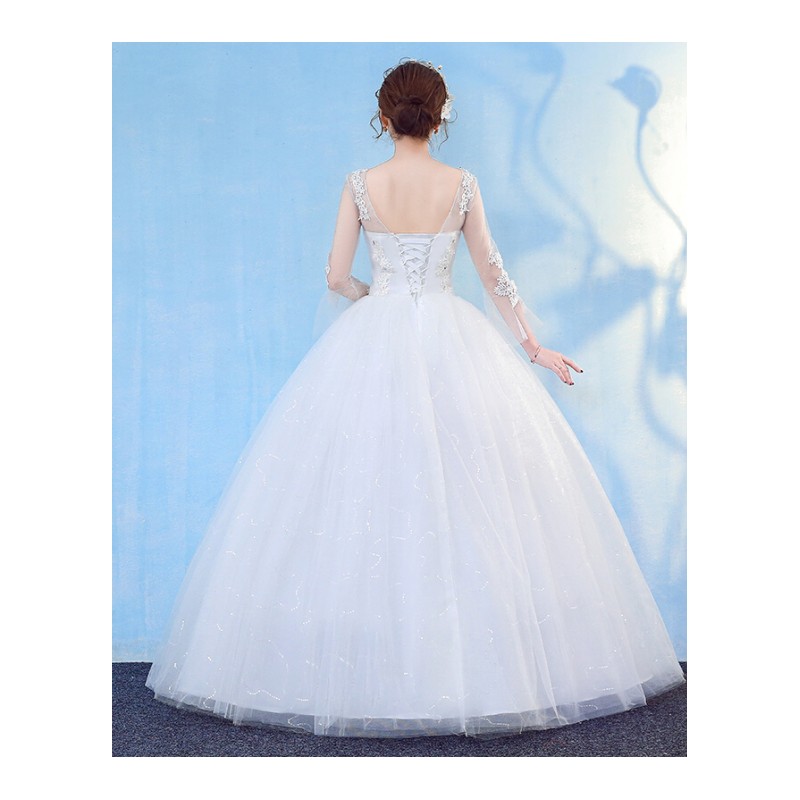 轻婚纱礼服2018新款新娘结婚一字肩长袖韩式修身显瘦孕妇长拖尾女 婚纱加三件套 L