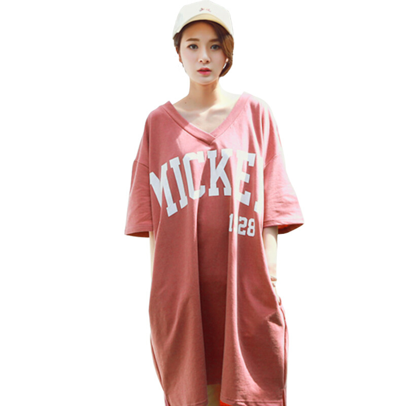 2018夏装韩版V领卡通连衣裙前短后长大码宽松中长款短袖T恤裙女潮西瓜红