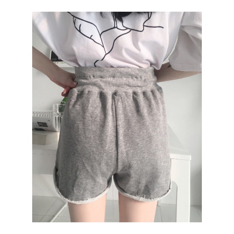 春夏女装韩版高腰百搭系带毛边阔腿裤学生休闲裤直筒裤短裤潮黑色均码