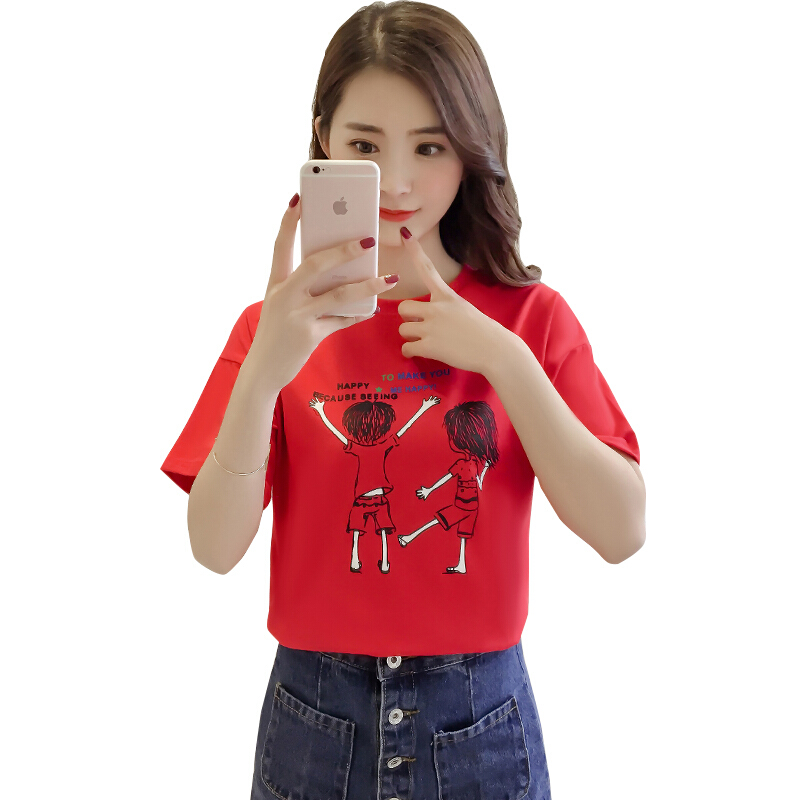 2018夏季韩版短袖T恤女装学生宽松印花圆领打底小衫上衣