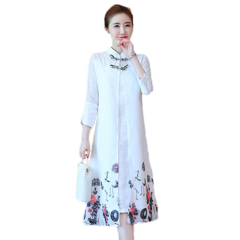 2018春夏款中国风复古印花改良旗袍裙女立领盘扣提花假两件连衣裙白色