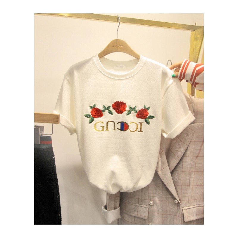 2018夏季韩版宽松字母印花T恤女短袖玫瑰花刺绣白色上衣白色