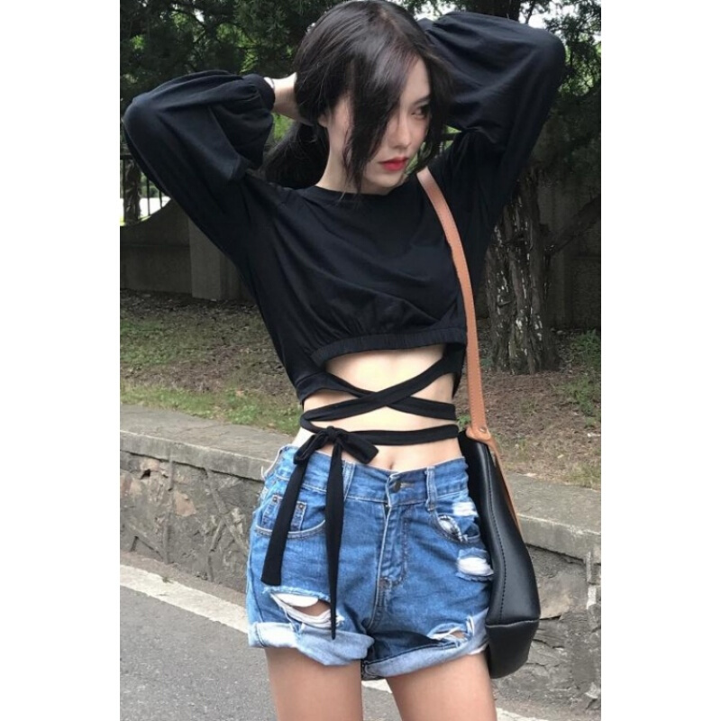 初春韩版性感露脐系带长袖T恤上衣百搭灯笼袖短款打底衫女白色均码