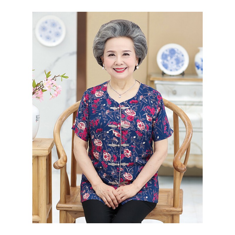 奶奶夏装套装短袖夏季绵绸两件套中老年人衣服女60-70-80岁妈妈装