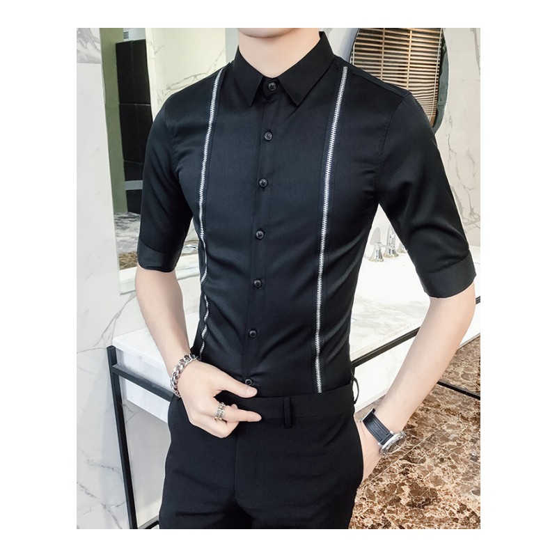 2018春夏新款潮流韩版修身七分袖衬衣男士织带中袖衬衫型师潮白色CS118