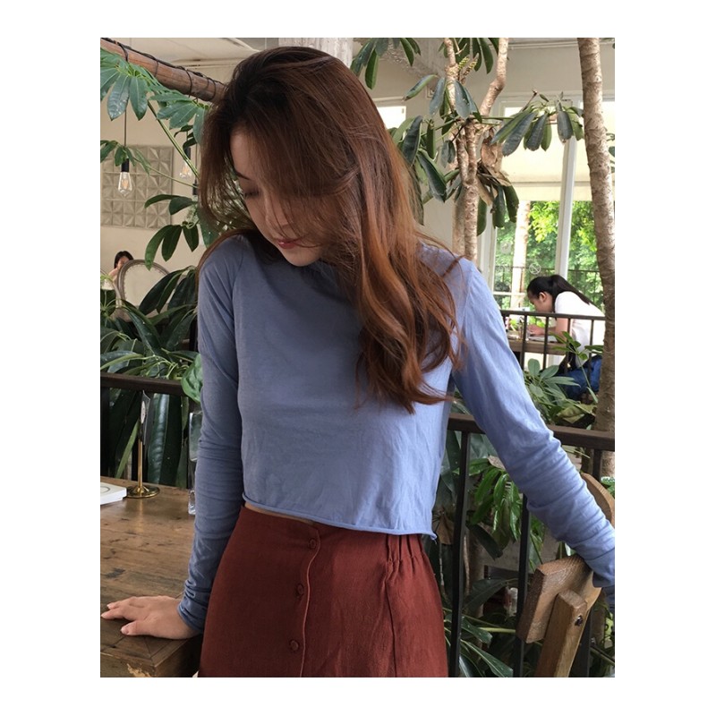 春季新款复古韩风百搭纯色短款露脐高腰上衣防晒衫长袖T恤女黑色均码