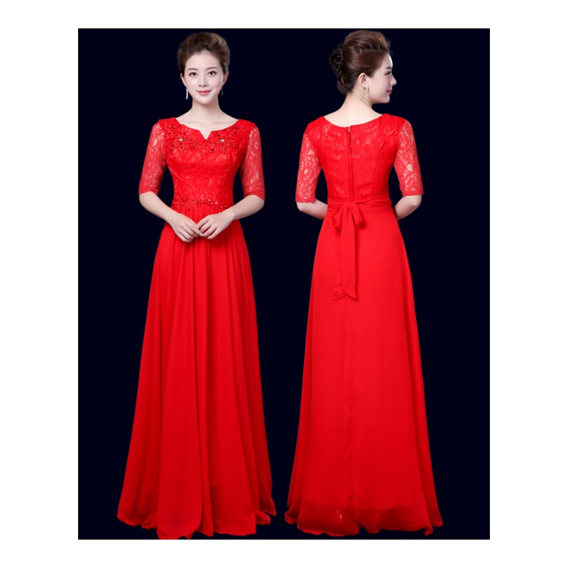 合唱服长裙大摆裙新款晚礼服长款中老年大合唱演出服装中袖女红色
